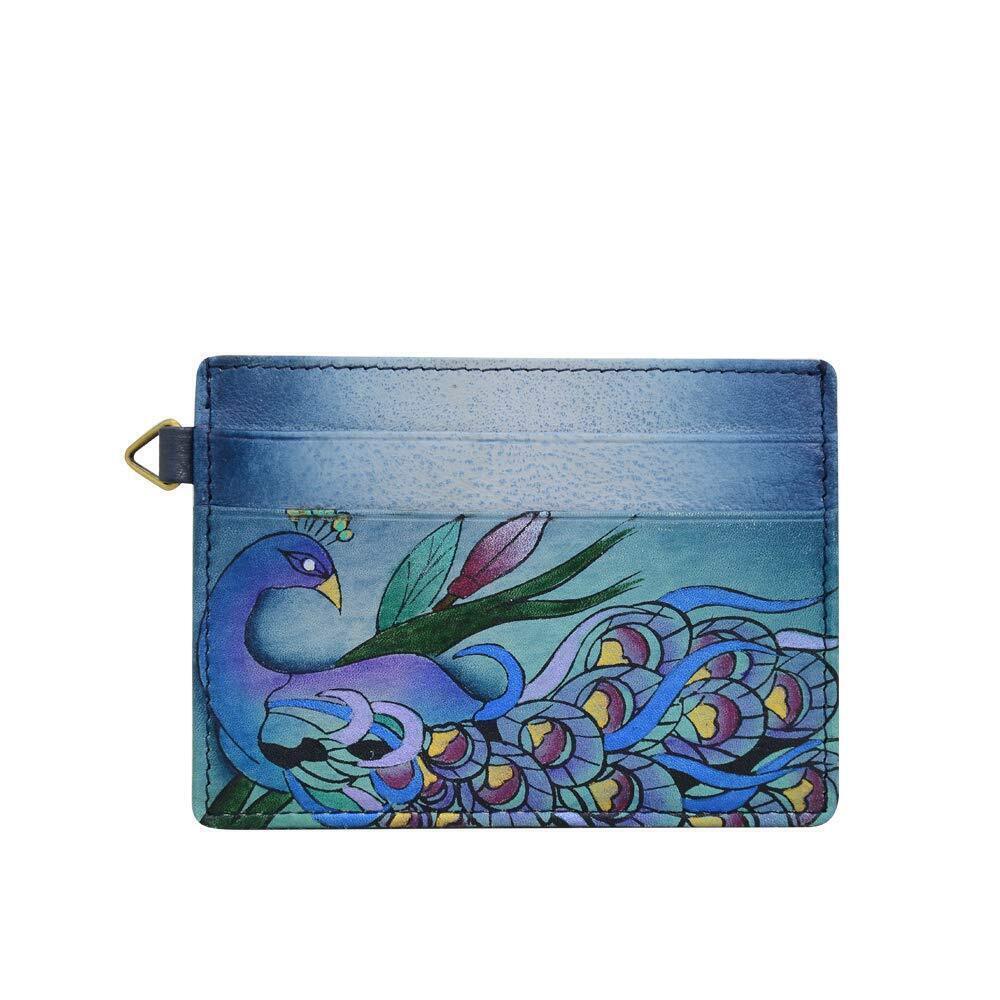 8652 Hand Painted Leather Credit Card Case - Midnight Peacock Grey